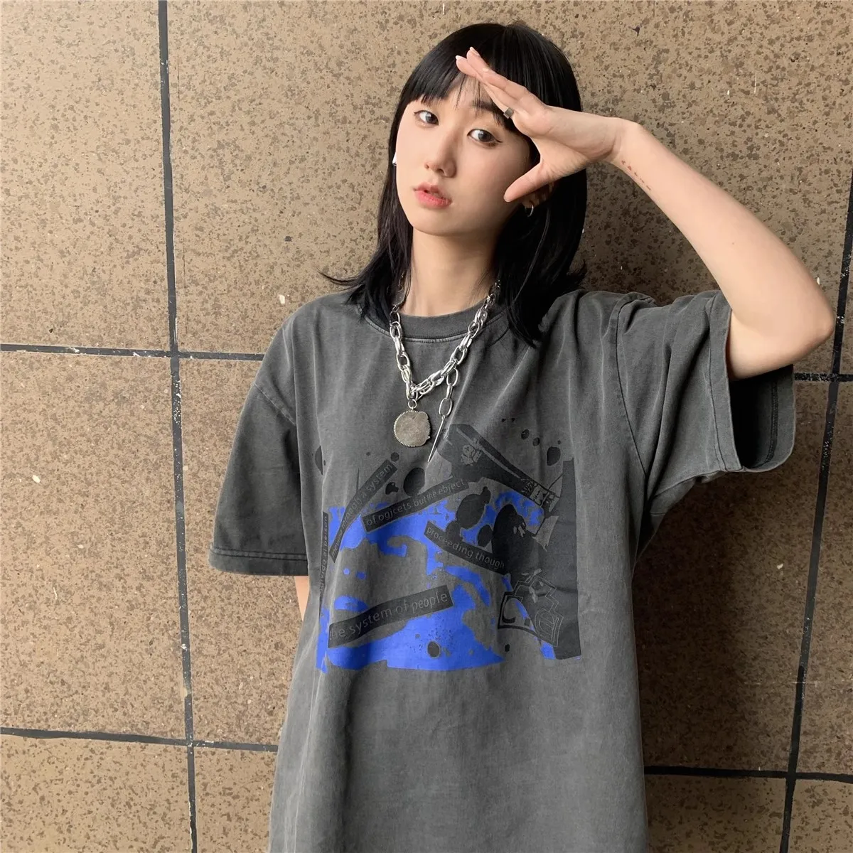 2025 CAVEMPT C.E Abstract Face Wash Distress Grey Printed T-shirt Short Sleeve Tee TX1256