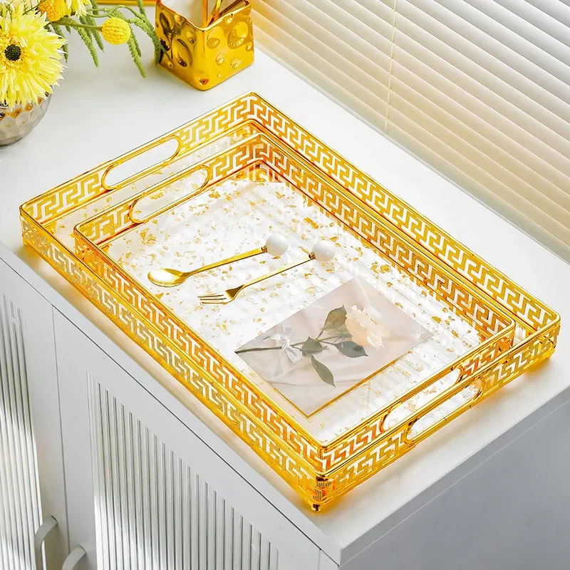 Light luxury European cosmetics mirror tray floor iron metal electroplating decorative metal plate jewelry storage