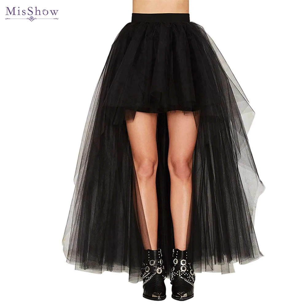 MisShow Gothic Women Hi-Lo Long Tulle Tutu Punk Skirt Elastic Waist High Low Mesh Net Halloween Cosplay Costume Maxi Skirts