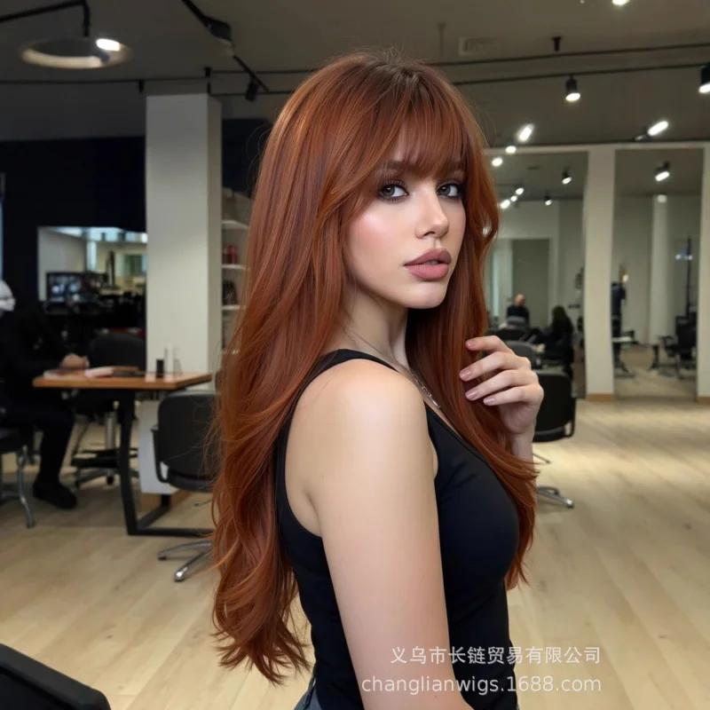 

European and American style brown long curly wig with bangs, high-temperature fiber, fashionable design, natural look for daily