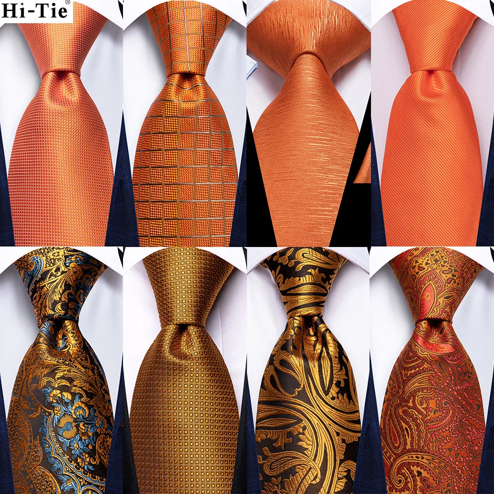 Hi-Tie Designer Plaid Orange Gold Silk Wedding Tie For Men Handky Cufflink Gift Mens Necktie Fashion Business Party Dropshiping