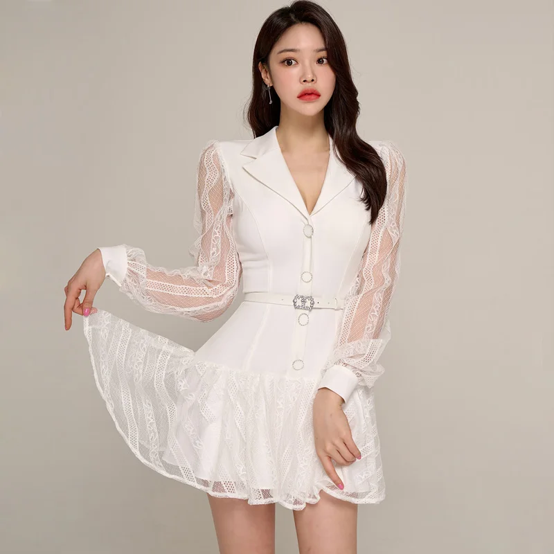 

Fashion Korean Women White Lace Patchwork Notched Neck Long Sleeve Belt Spring Autumn Casual Office Mini Dresses