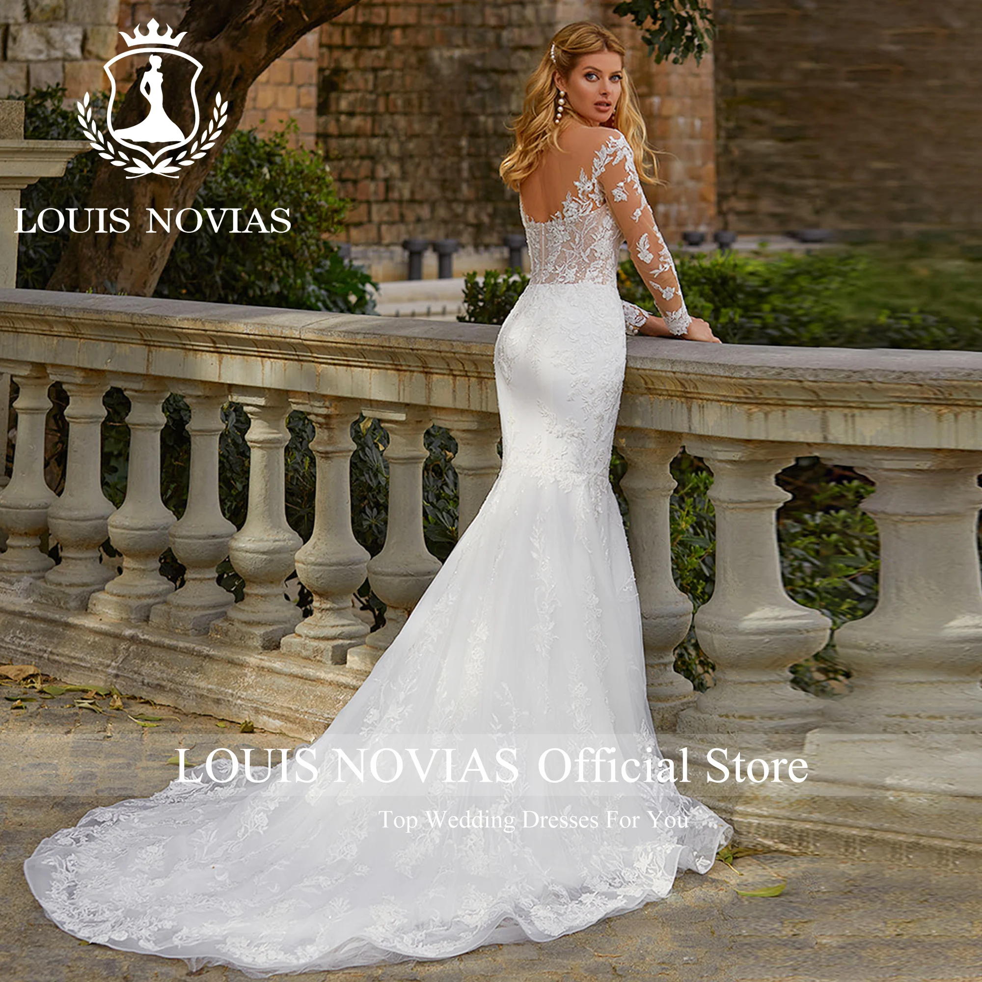 LOUIS NOVIAS Mermaid Wedding Dresses 2023 2 IN 1 V-neck Appliques Long Sleeve Illusion Backless Wedding Gown Vestidos De Novia