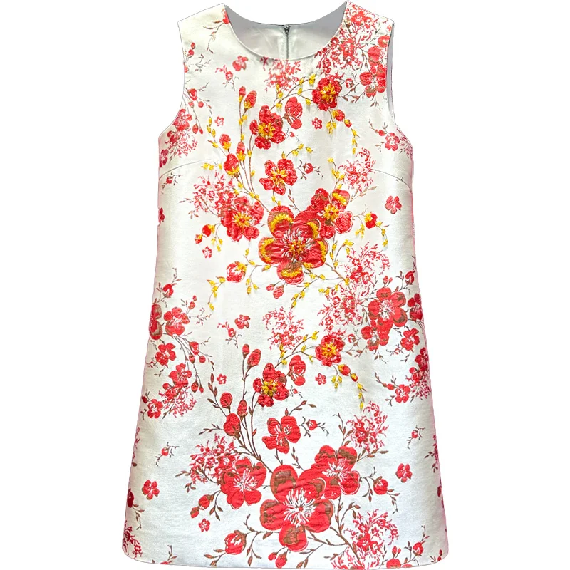High Quality Jacquard Embroidery Women Vest Dress Elegant Summer Sleeveless A-line Dress Beads Diamonds Floral Mini Formal Dress