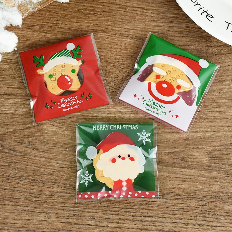 50pcs Christmas Cookie Gift Bags Santa Claus Elk Snacks Plastic Packaging Bags Navidad New Year Party Xmas Supplies Kids Favor