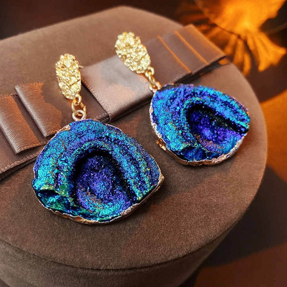 Luxury Exquisite Blue Wrinkle Textured Irregular Oval Enamel Starry Sky Dangle Earrings for Women Art Exhibition Outfit Jewelry