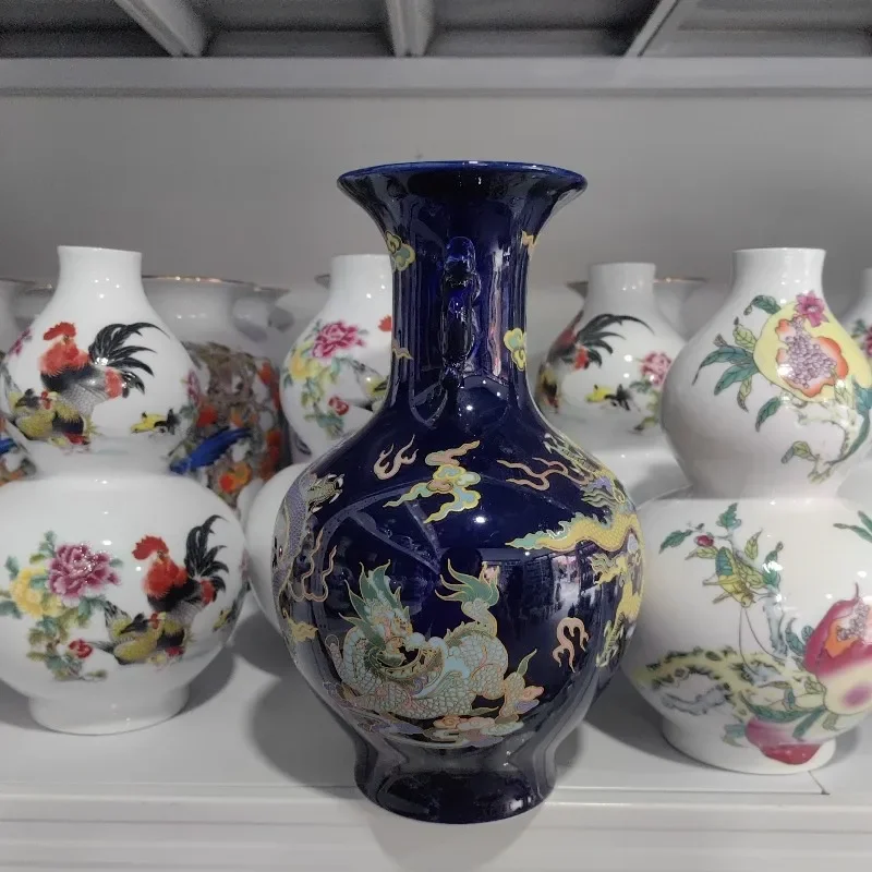 for Yuan Dynasty Style Blue Glaze Multicolored Dragon Pattern Elephant Ear Vase Pair Antique Porcelain Collection Ornament