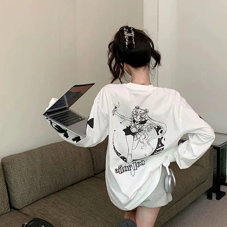 

Cartoon Sailors Moon T Shirt 100% Cotton Printed Tsukino Usagi Long Sleeve White T-shirt for Women Girls Harajuku Loose Tees Top