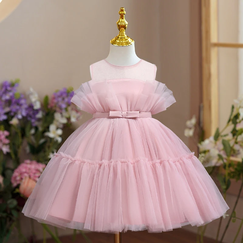 Flower Girl Tulle Dress Off Shoulder Little Girls Special Occasions Formal Dresses Kids Birthday Party Gown Sleeveless A-lined