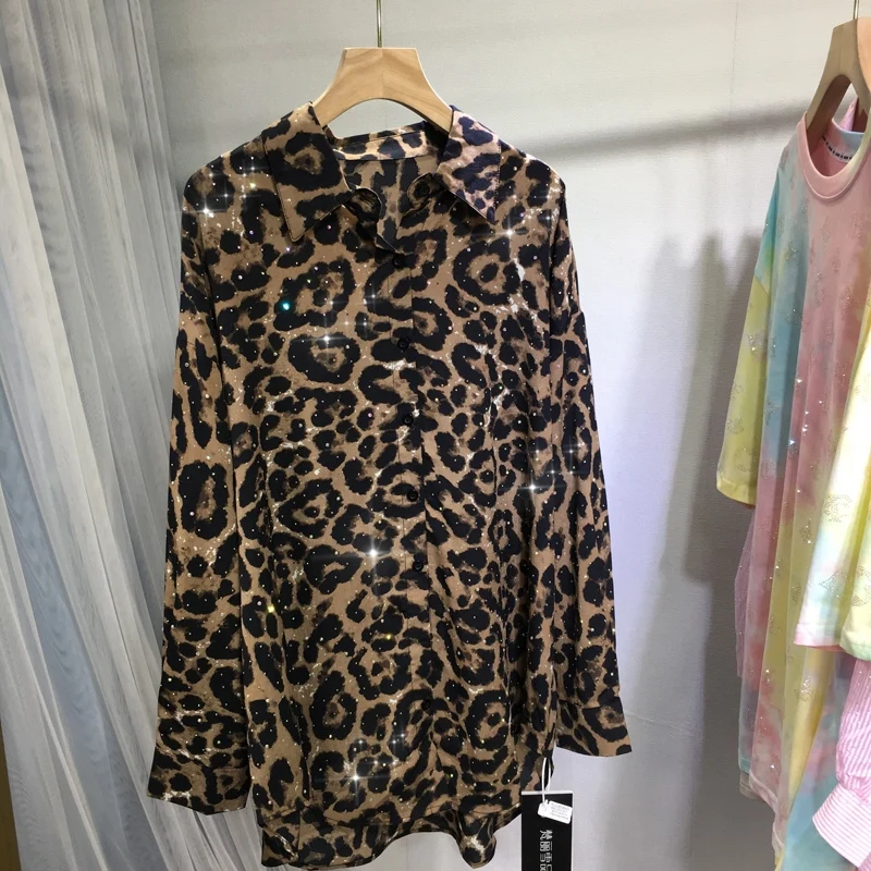 High Street Hot Drilling Women Blouses 2024 New Spring Summer Leopard Cardigans Top Mid-long Loose Long Sleeve Sunscreen Shirt