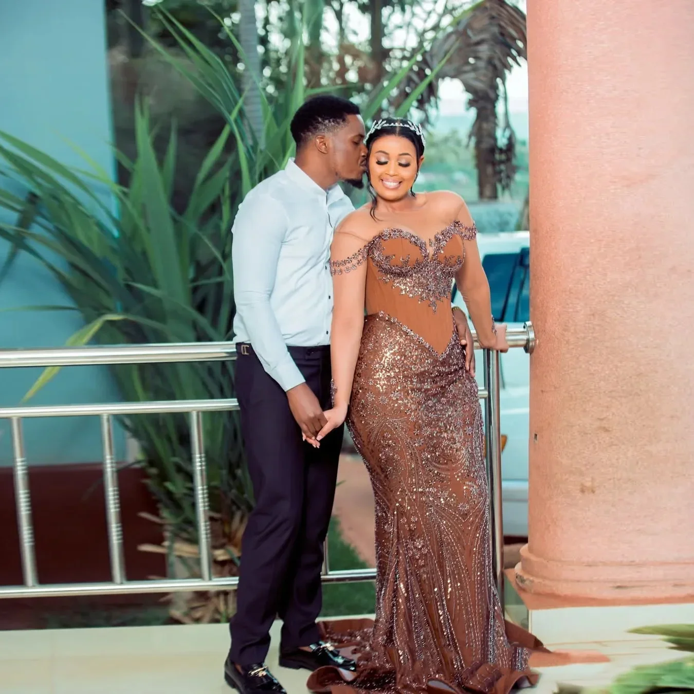 Brown Long Applique Sequin Prom Dress See Through Full Sleeves Transparent Mermaid Beading Prom Gowns Aso Ebi Evening Dresses