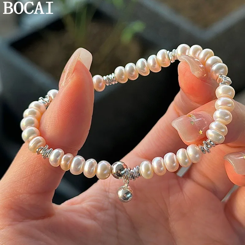 

BOCAI NEW S925 Sterling Silver Simple And Fashionable Freshwater Pearl Bracelet