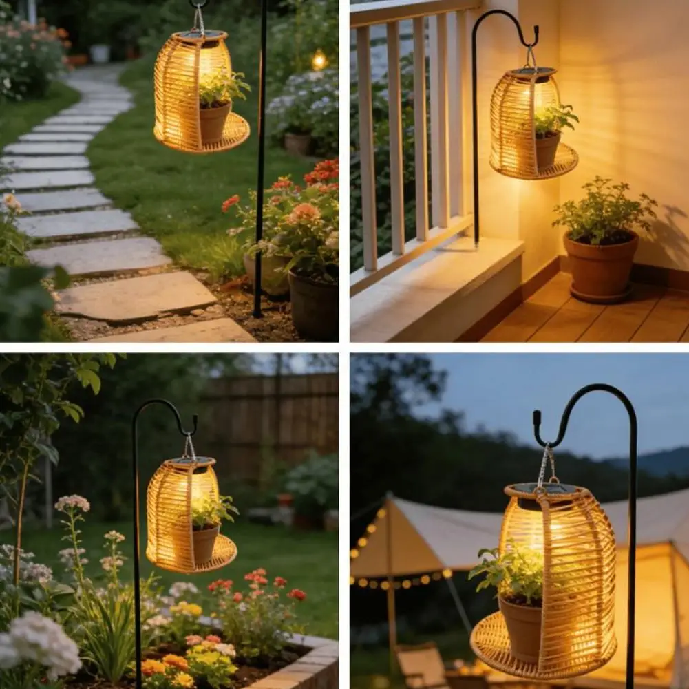 AuraCraft solar lantern showing ground stake attachment inserted into outdoor garden soil