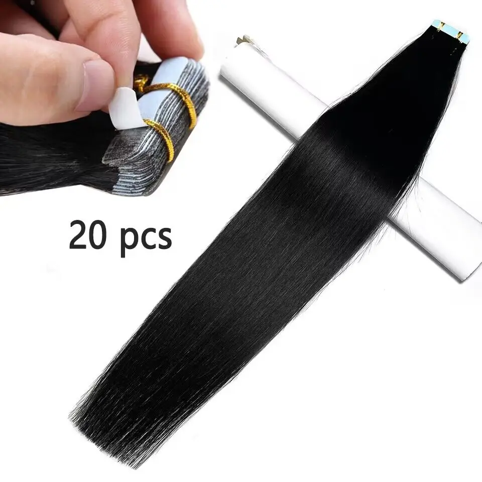 Extensões pretas naturais do cabelo humano da fita-em para mulheres, extensão reta do cabelo, cabelo 100% remy, 14-26 polegadas, # 1B