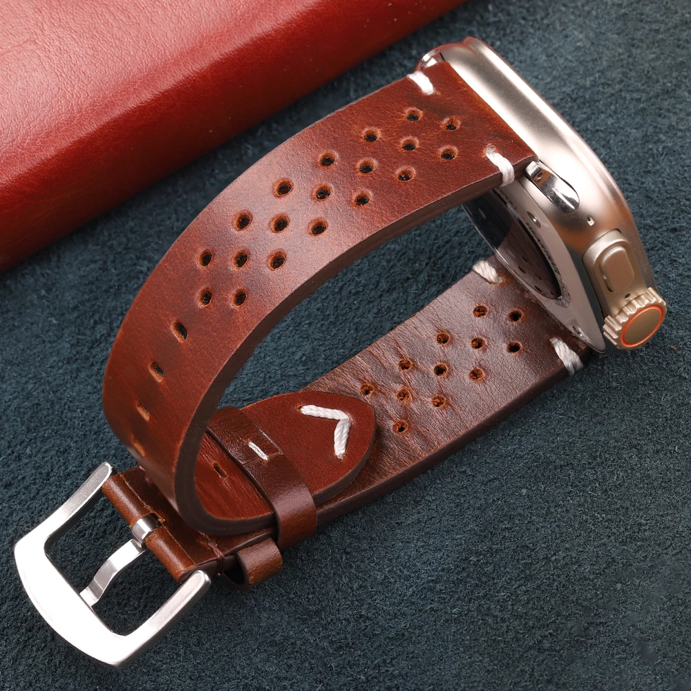 Vintage Genuine Leather Strap for Apple Watch Ultra 2 Series 9 8 7 6 SE Soft Cowhide Band 49mm 45mm 44mm 42mm 41mm 40mm Bracelet