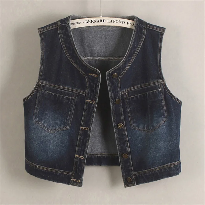 

Spring Summer Women Casual Vintage Dark Blue Short Denim Vest Round Neck Single-Breasted Sleeveless Cowboy Waistcoat Streetwear