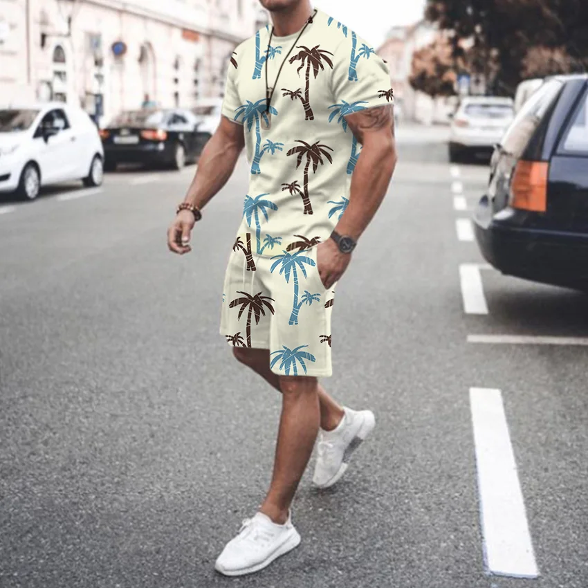 

2024 Summer Street Men's Casual Fashion Loose Comfortable Short Sleeve Outdoor Trend Sports Shorts Novelty Hawaiian Tree Print