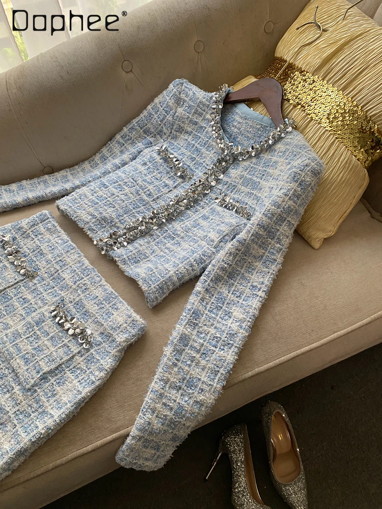 Elegant แฟชั่น High-end Tweed ชุดกระโปรงลายสก๊อตลูกปัดรอบคอ Single-breasted สั้นเสื้อกระโปรงมินิ 2 ชิ้นชุด
