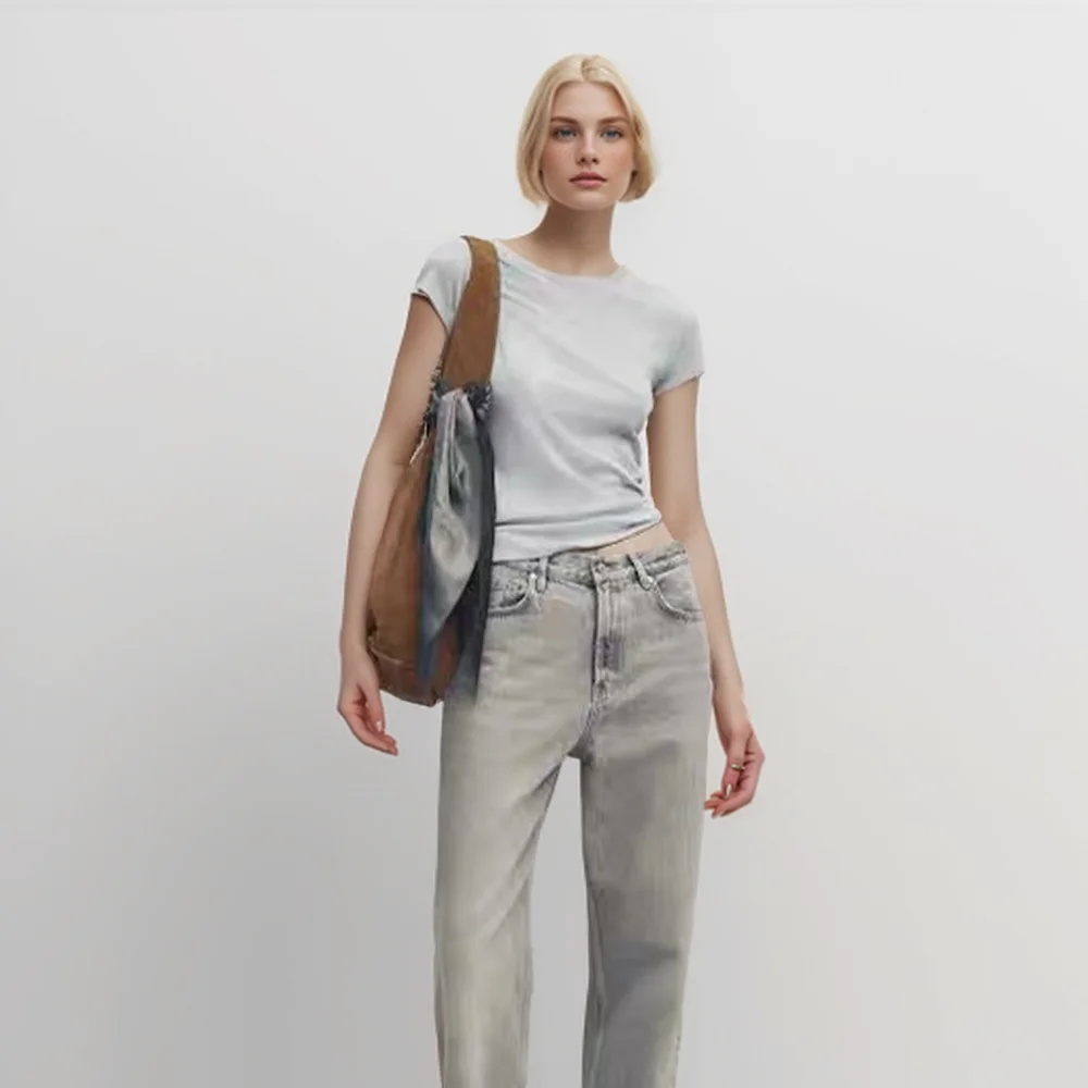 Cos Lris 2024 여성 라운드넥 반팔 티셔츠, 산뜻한 캐주얼, 단색 슬림, 여름