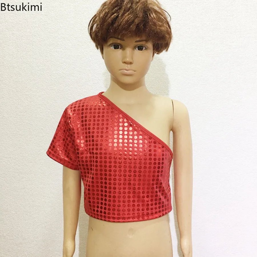 Girls Boys Sequins Polka Dot Slanted Shoulder T-Shirt Children Glossy Loose Jazz Hip Hop Dance Top Blouse Performance Dancewear