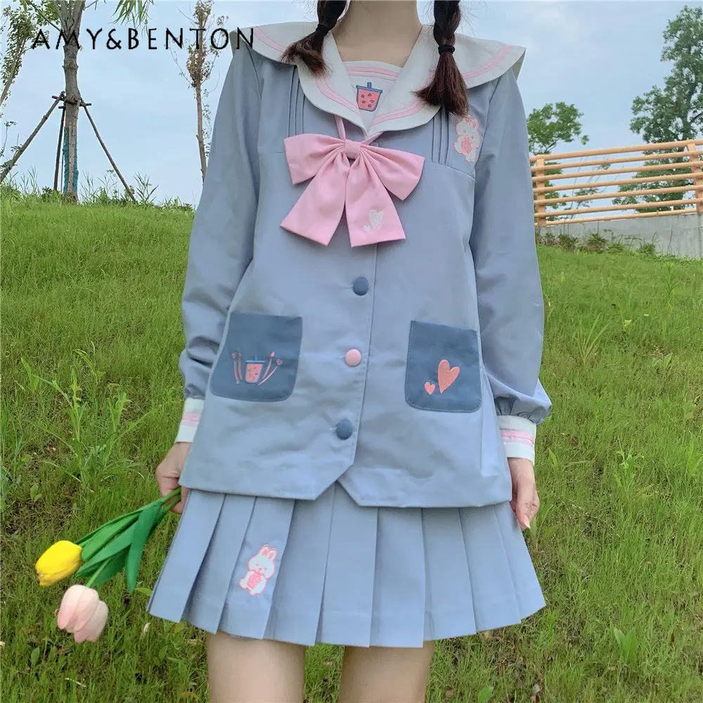 

Летний комплект униформы JK в японском студенческом стиле: милый розово-голубой топ с коротким рукавом и вышивкой, плиссированная юбка для женщин