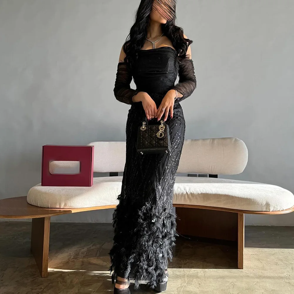 

Off the Shoulder Straight 3/4 Sleeves Ankle Length Black Feathers Crystal Beading Classic Celebrity Dress Bespoke Occasion Gowns