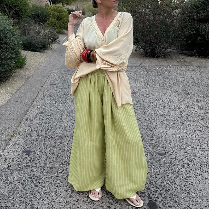 Typhaland Summer New Loose Bubble Pants Women's 2026 Fashion Commuting Long Trousers Solid Color Casual High Waist Female Pants