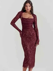 Lace Print Bodycon Sexy Dress Women 2024 Robes Elegant Evening Party Dress Bodycon Spring Midi Long Dress Vestidos