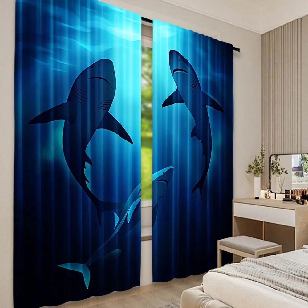 Blue Shark Curtains Ocean Theme Window Drapes Nautical Sea Life Print Decorative Nursery Bedroom Living Room Window Treatment