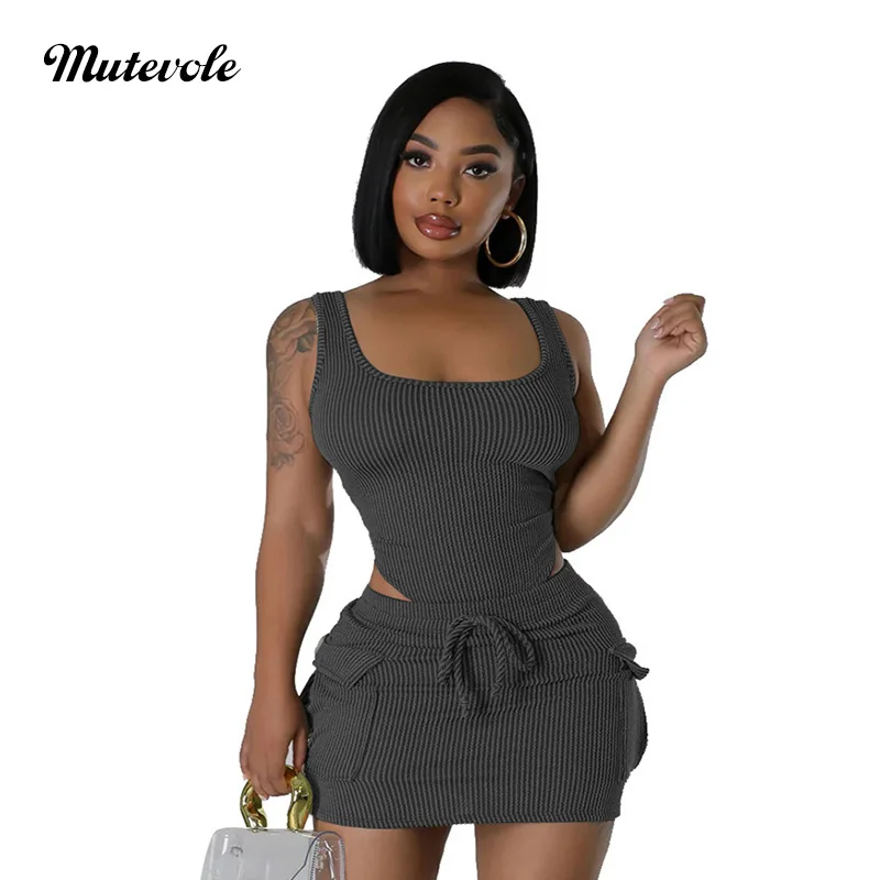 Mutevole Ribbed Two Piece Set Women Sleeveless Bodysuit Top Drawstring Pocket Mini Skirt