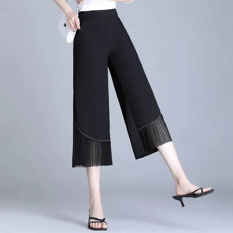 2024 New Summer Temperament High-end Commuting Simple and Loose Casual Elastic Waist Solid Color Mesh Patchwork Wide Leg Pants