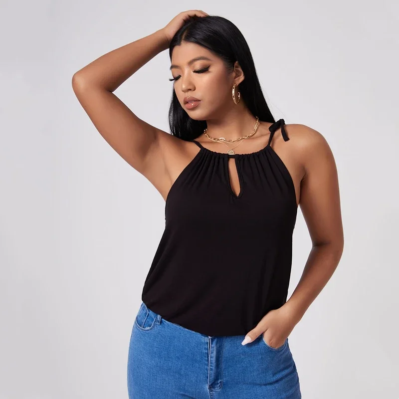 

Plus Size Sexy Hater Neck Summer Casual Top Women Tie Detail Keyhole Front Work Office Tank Female Large Size Beach Cami 6XL 7XL