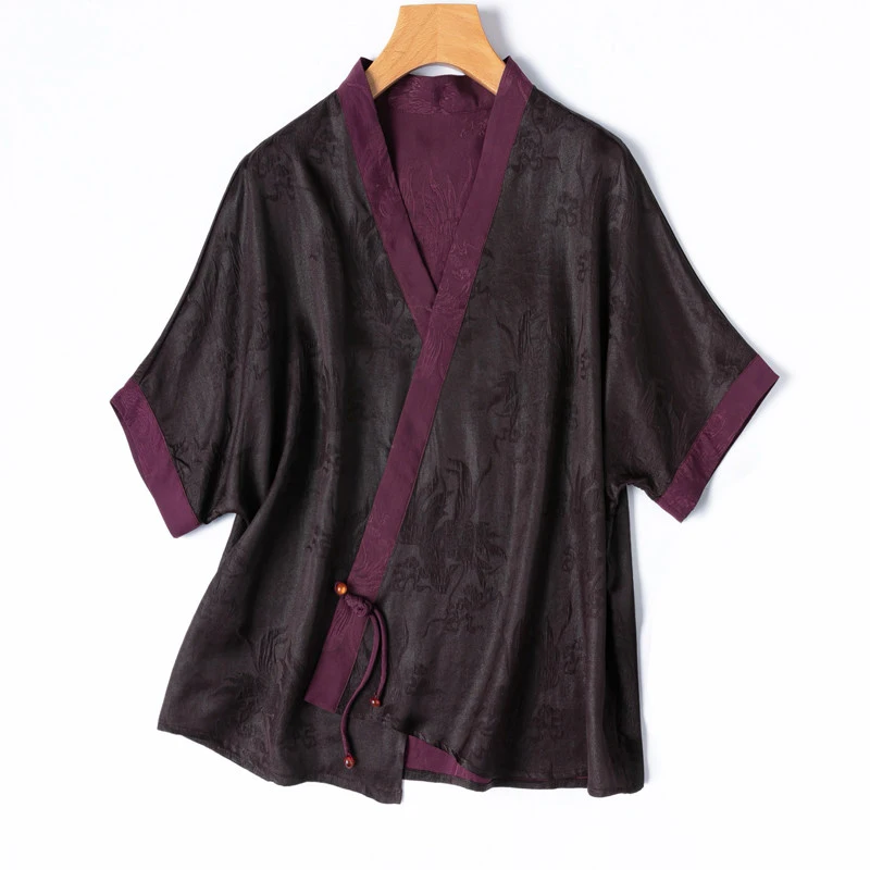 Women's Fashion Summer Clothing 100% Natural Mulberry Silk Fragrant Cloud Yarn GuanLe Satin V-neck Batwing Sleeve Cardigan