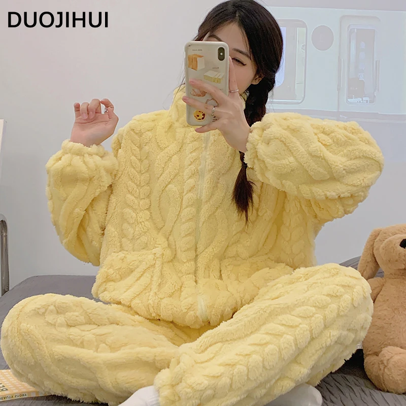 DUOJIHUI Yellow Winter Thick Warm Soft Flannel Female Pajamas Sets New Loose Simple Pure Color Fashion Pocket Pajamas for Women