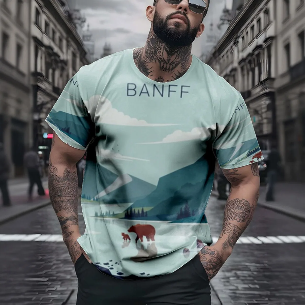 Banff National Park Poster New Arrival Fashion Men's Short Sleeve All-Over Print T-Shirt Unique All-Over Print Design for Stylis