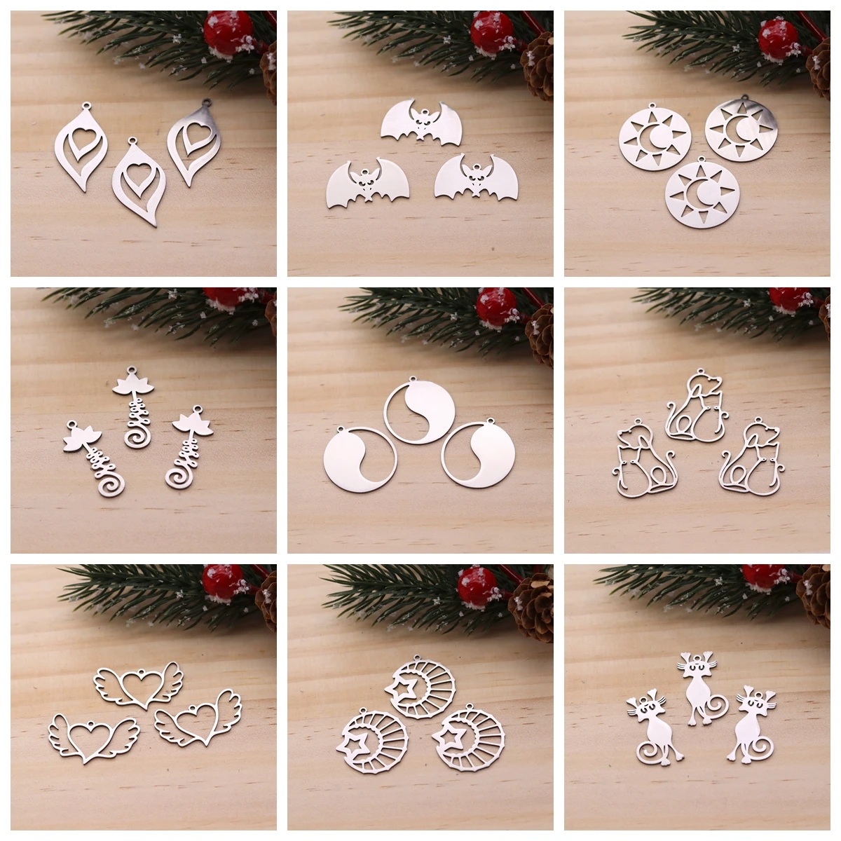 3pcs Bat Lotus Flower Angel Wing Elephant Stainless Steel Pendant Charms For Jewelry Making Necklace Earrings DIY Accessories