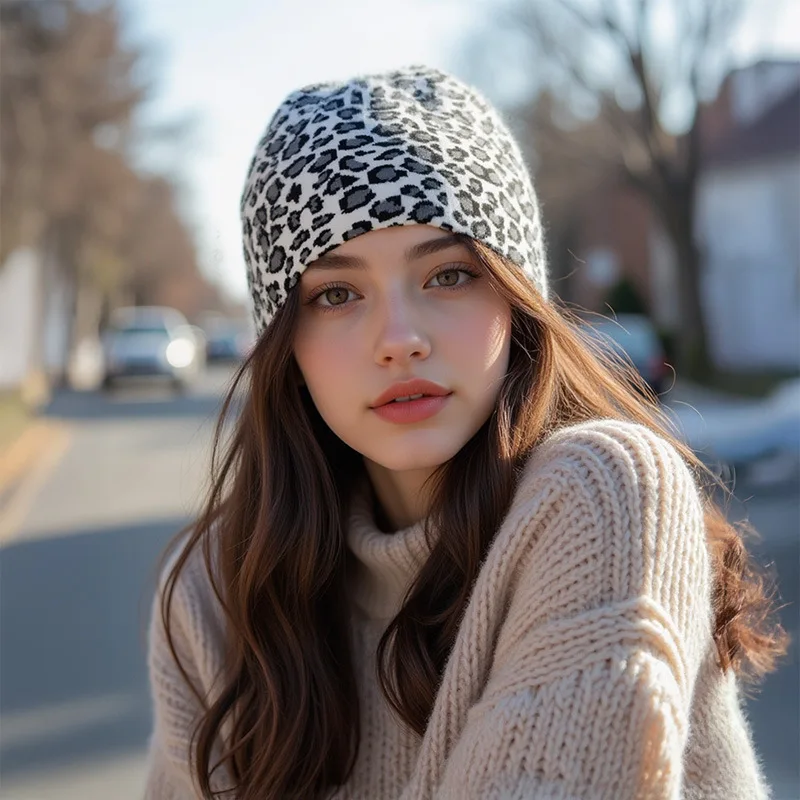 Stylish Leopard Print Knitted Cap for Women High-quality Comfortable Warm Windproof Beanies Skullies Retro Y2K Hat Femal Girls