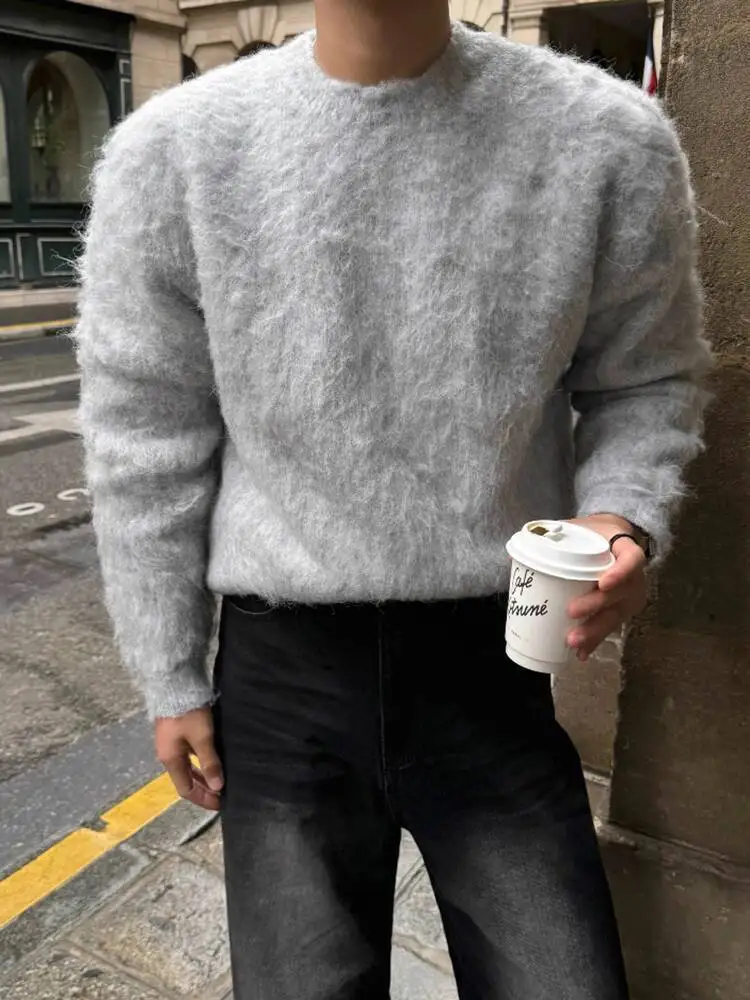 SYUHGFA nouveaux hommes Mohair chandails col rond couleur unie décontracté tricoté vêtements amples coréen pull mâle hauts 2025 hiver