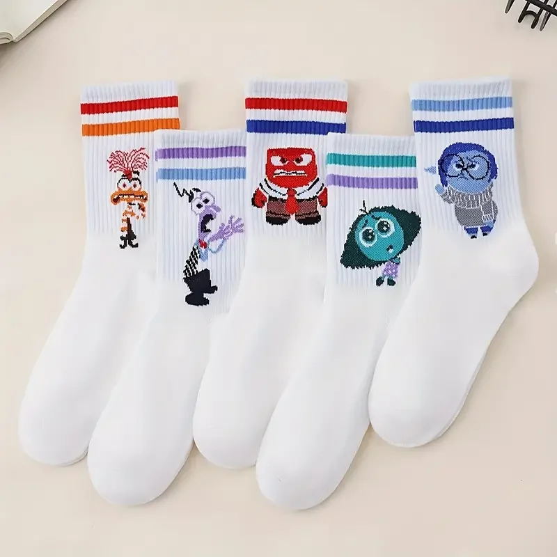 5 Pairs Of Spring/Summer Neutral White Series Fashionable Cool Cartoon Pattern Multifunctional Casual Sports Striped Long Socks
