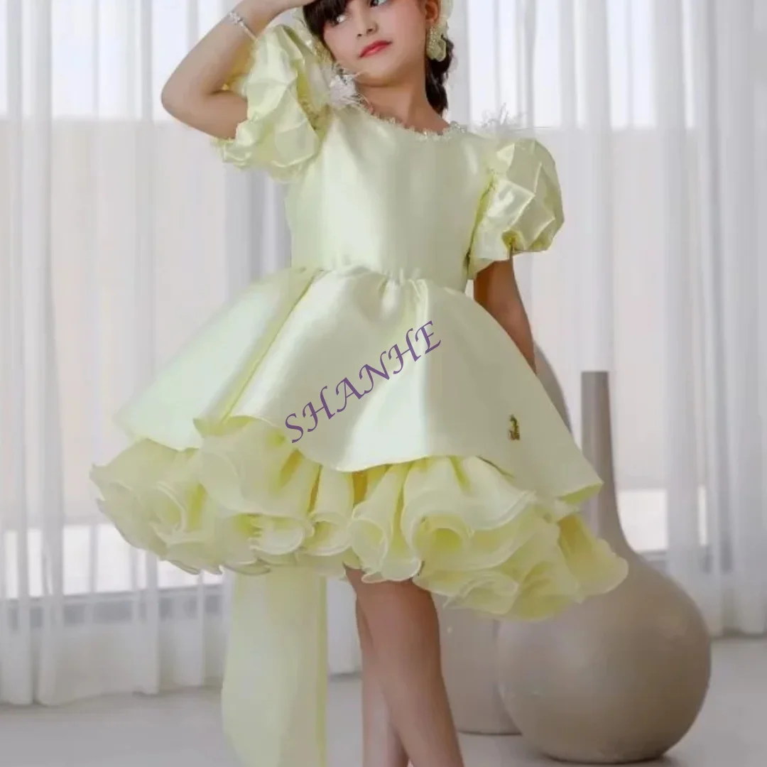 Personalizado adorável limão amarelo flor menina vestido de cetim manga curta a linha na altura do joelho botão traseiro primeira comunhão festa aniversário