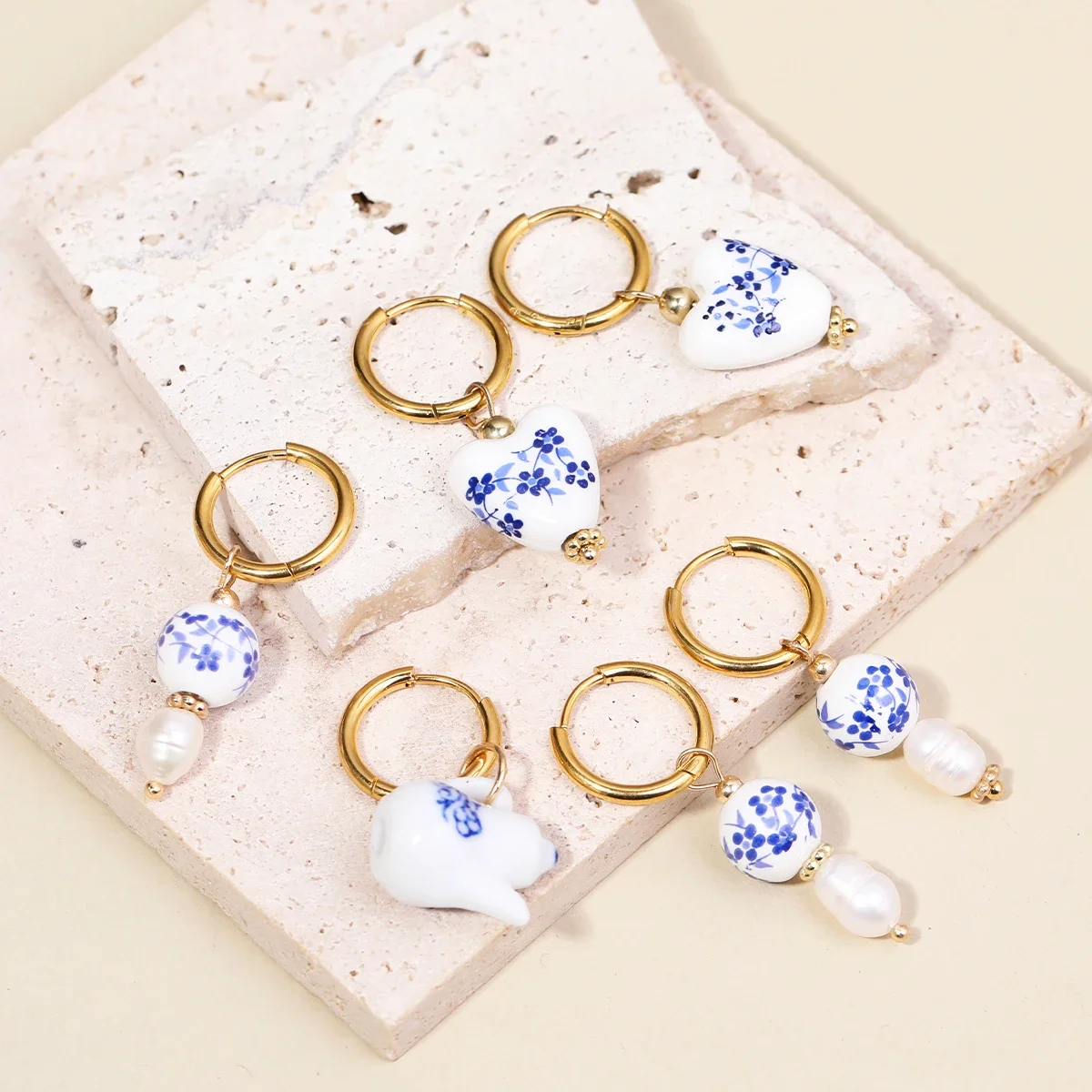 

Fashion Blue And White Porcelain Ceramic Pendant Multi-element Style Earring Stainless Steel for Women Party Jewelry Gift