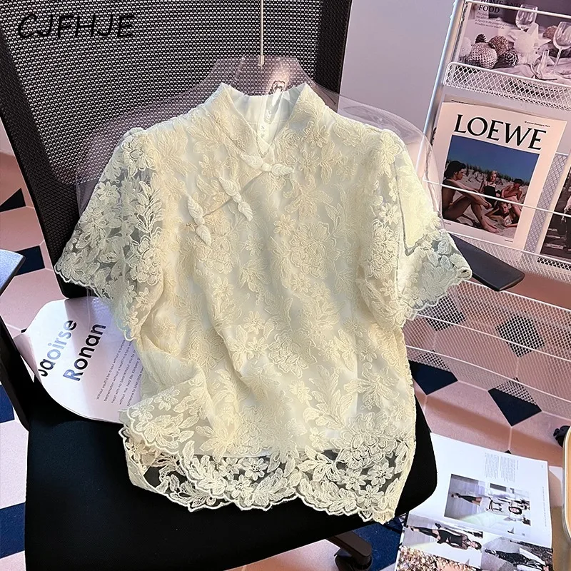 CJFHJE New Retro Chinese Style Fashionable Temperament Women's Top Classic Sweet Women Hollowed Out Lace Short Sleeved T-shirt