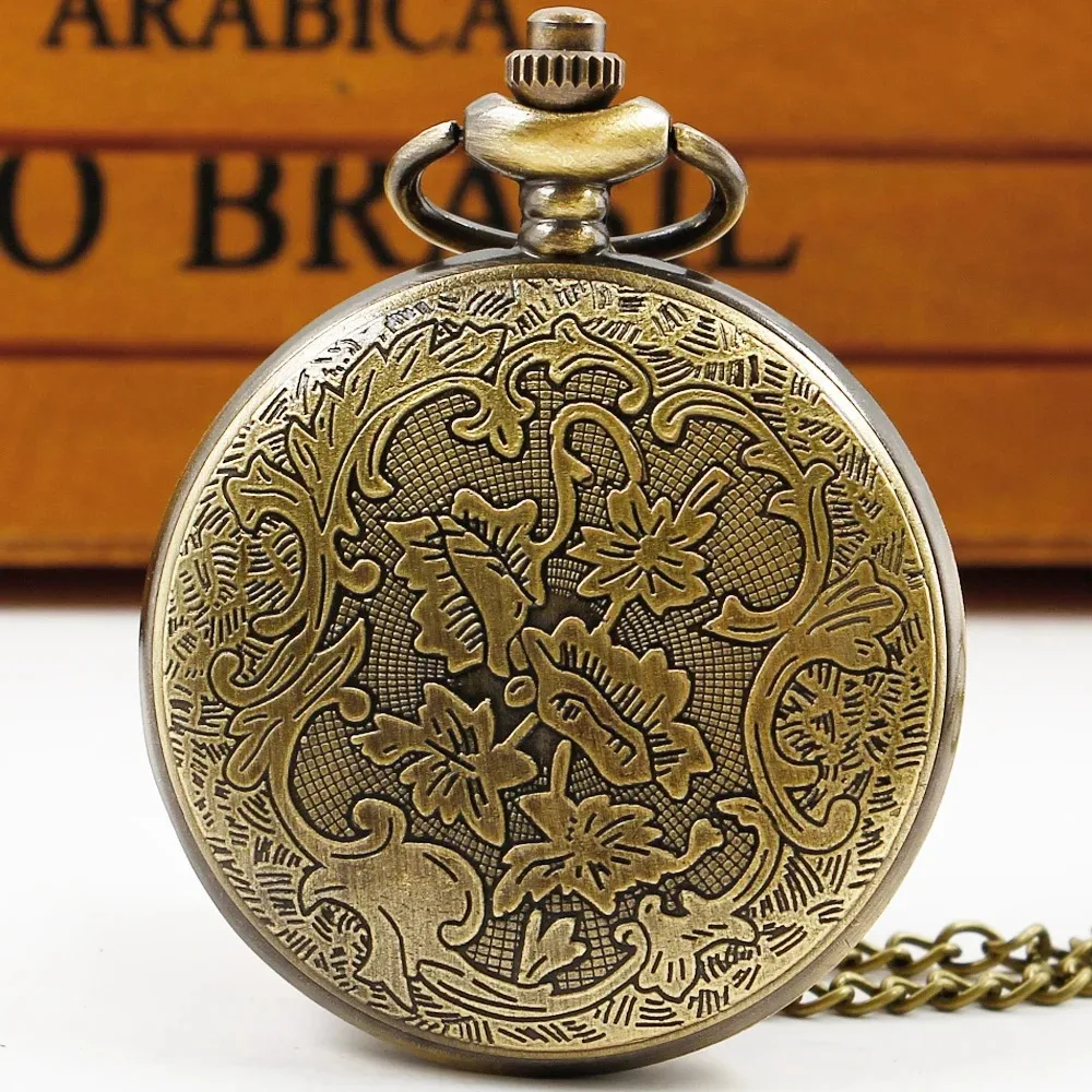 鳥の3D彫刻模様ブロンズ中空チェーンウォッチヴィンテージデジタルスチームパンク懐中時計メンズ時計、フォブチェーン付きギフト