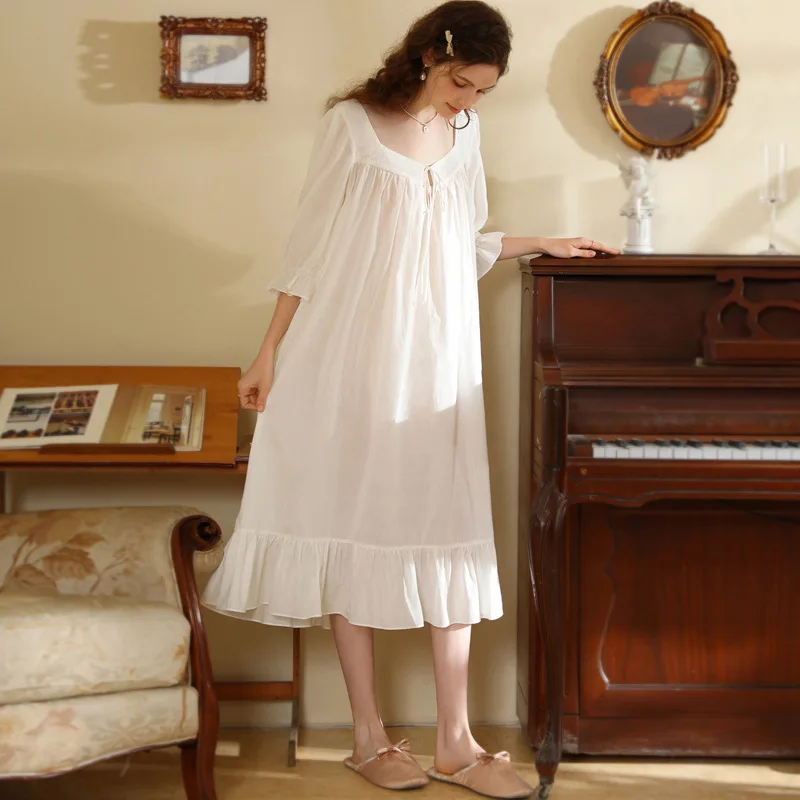 New Women Homewear White Cotton Sexy Sleepwear Strap Night Dress Lace Nightwear Nightgown Homewear Gown