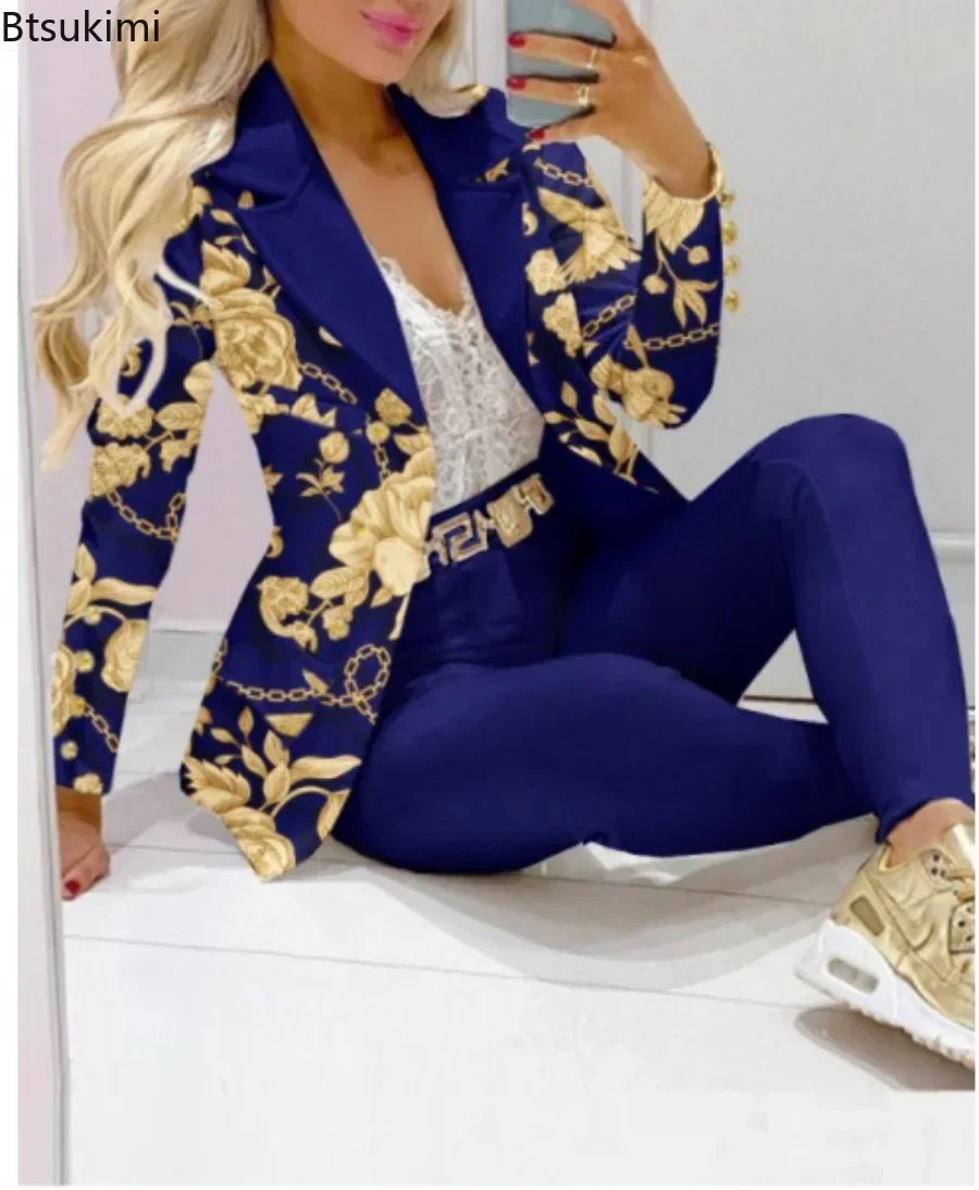 Women's Two Piece Set Formal Business Office Tracksuits For Women Outfits Elegant Blazer Suits Jacket + Pants Women Set Printted