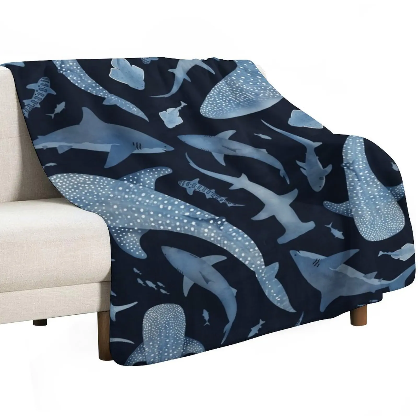 Monochrome blue watercolour shark ocean on black Throw Blanket Decorative Soft Throw Blanket for Couch Sofa
