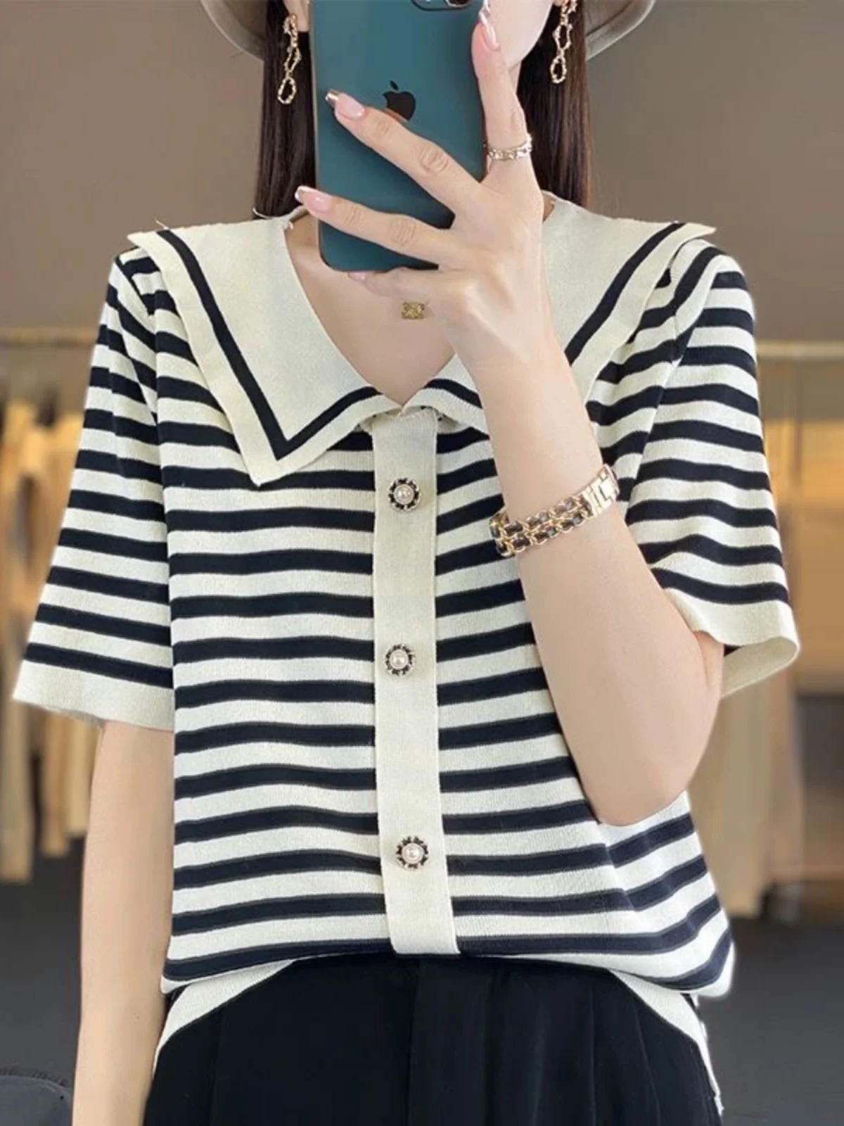 

Slimming Loose Knitted Ice Silk Short Sleeve T-Shirt Women's Korean Style Commute Wind Doll Collar Striped Pattern Top