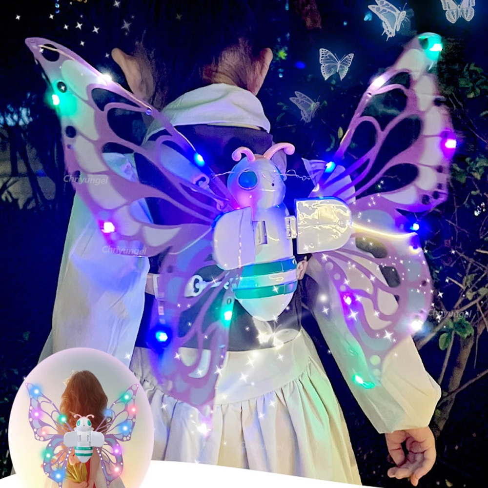 Asas de borboleta elétricas em movimento, asas de elfo com luz, asas de fada para crianças, aniversário, natal, cosplay, brinquedo de anjo para meninas