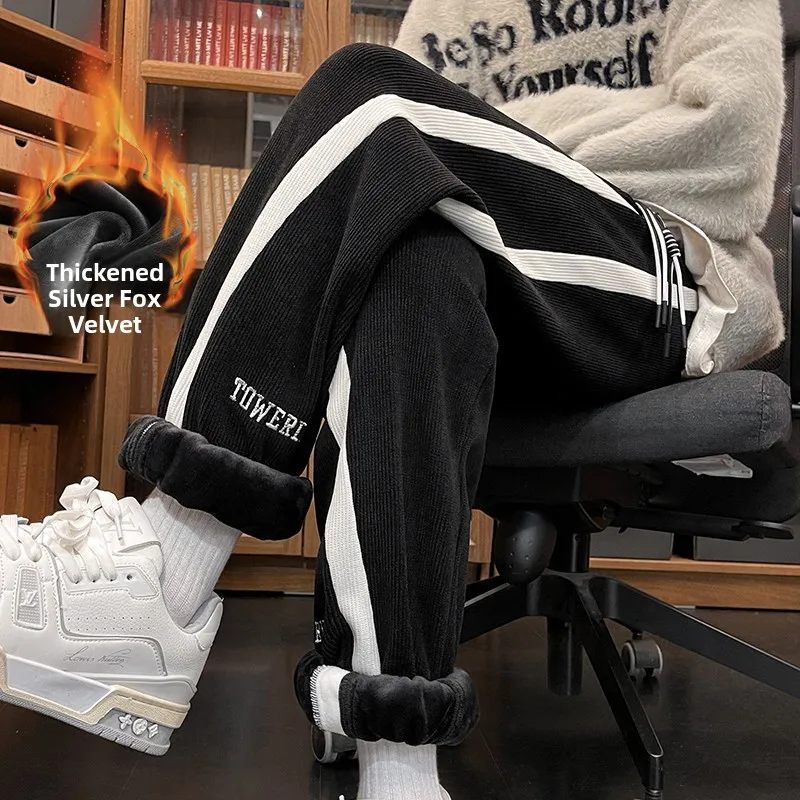 

Мужские вельветовые спортивные брюки зимние утепленные с флисом, в полоску, в стиле пэчворк, американского стиля, плотные, с манжетами