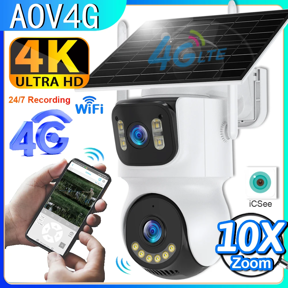 Cámara Solar AOV 4G 4K 10X Zoom cámara de vigilancia WiFi para exteriores 3 pantallas de seguridad AOV 24/7 grabación PTZ seguimiento automático iCSee